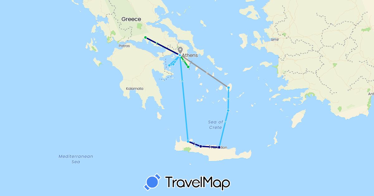 TravelMap itinerary: driving, bus, plane, boat in Greece (Europe)
